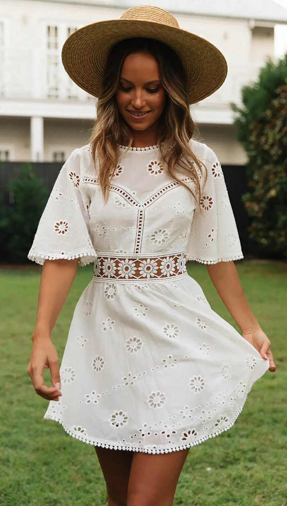 WildPinky Flare Sleeve Cotton White Lace Dress Women Casual Ladies Summer High Waist Short Dress Backless Hollow Out Vestidos