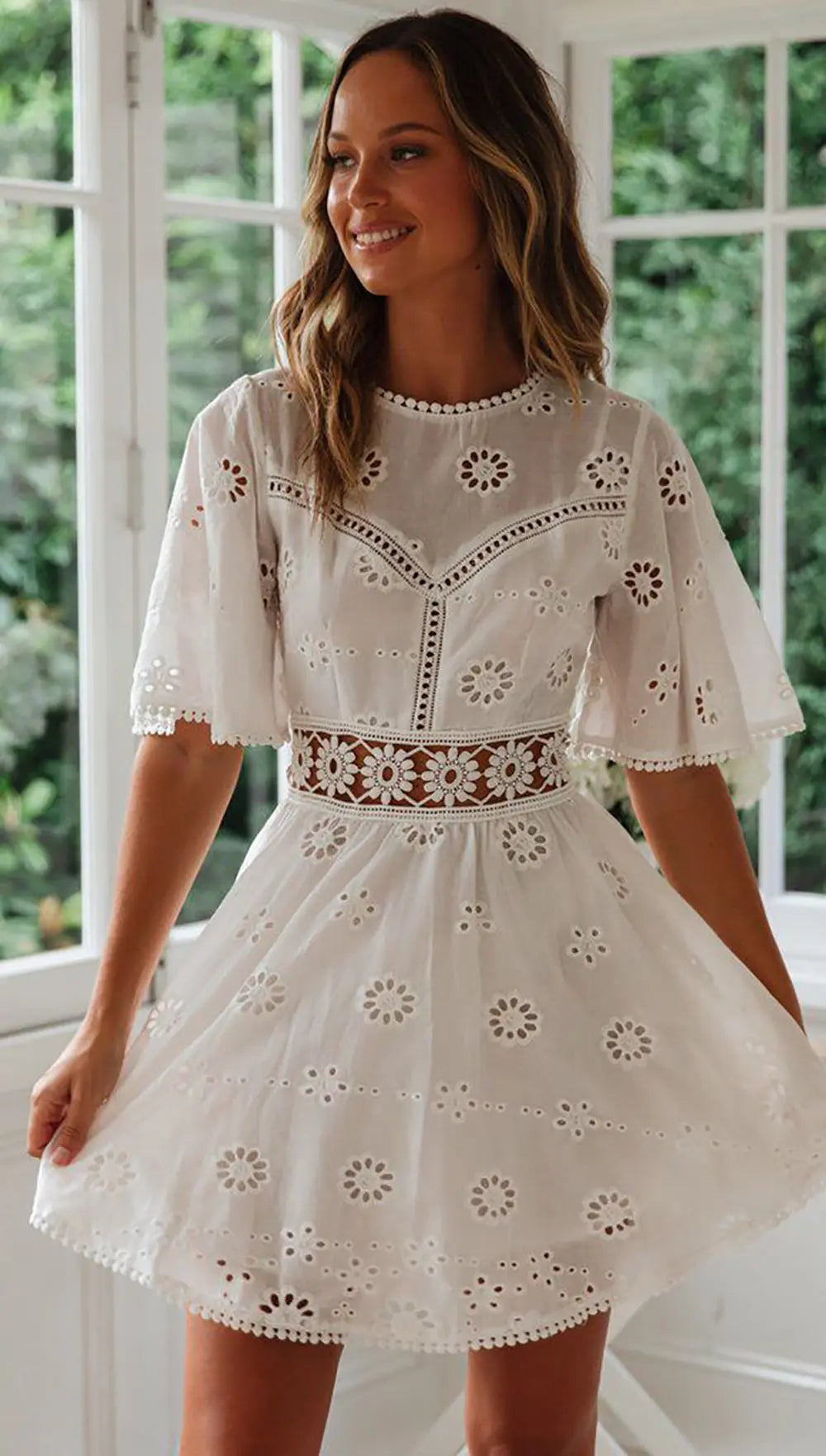WildPinky Flare Sleeve Cotton White Lace Dress Women Casual Ladies Summer High Waist Short Dress Backless Hollow Out Vestidos