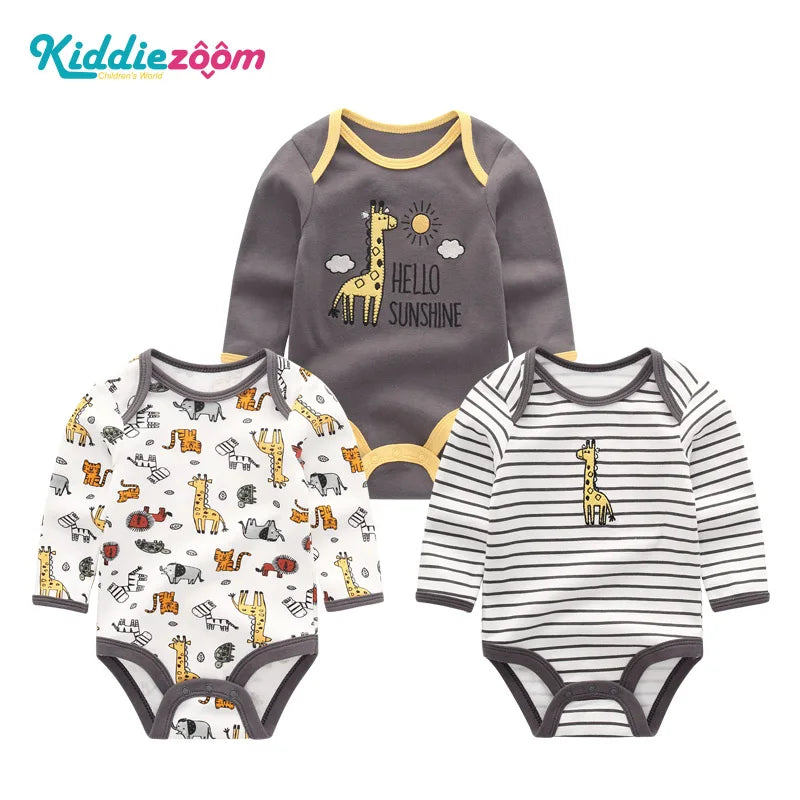 100% Cotton Jumpsuits 3Pieces Newborn Baby Boy Clothes Cartoon Bodysuit Print Long Sleeve Baby Girls Clothes 0-12M Spring Autumn