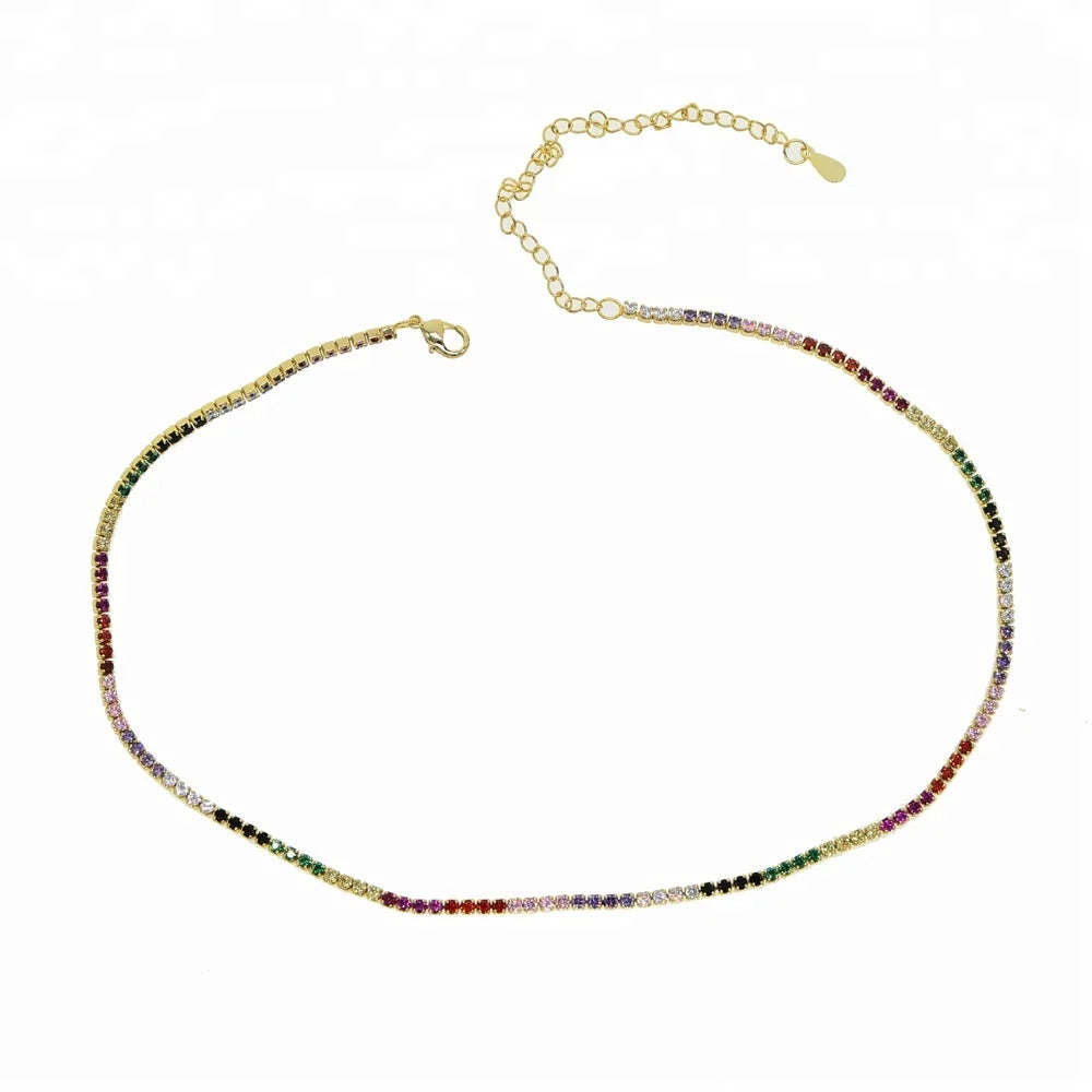 2024 New Arrived Hot Selling European Women Jewelry Choker 2mm CZ Tennis Chain rainbow Necklace for Women
