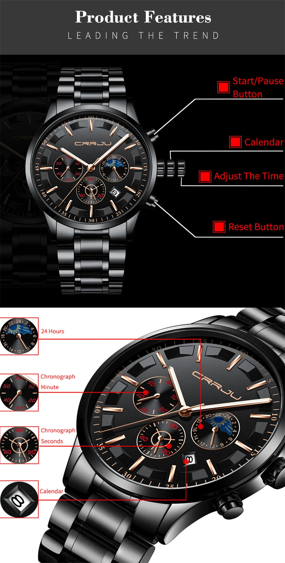 CRRJU Mens Watches Top Brand Luxury Fashion Business Quartz Watch Men Sport Full Steel Waterproof Black Clock Relogio Masculino