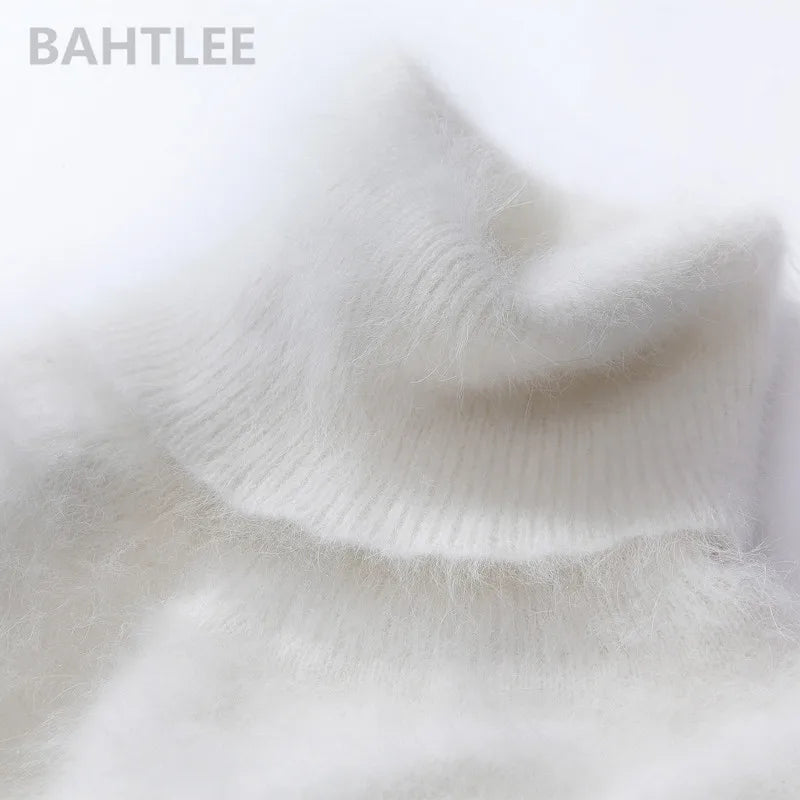 BAHTLEE-Women's Angora Jumper, Turtleneck Pullovers, Knitting Sweater, Long Sleeve, Keep Warm, White, Winter