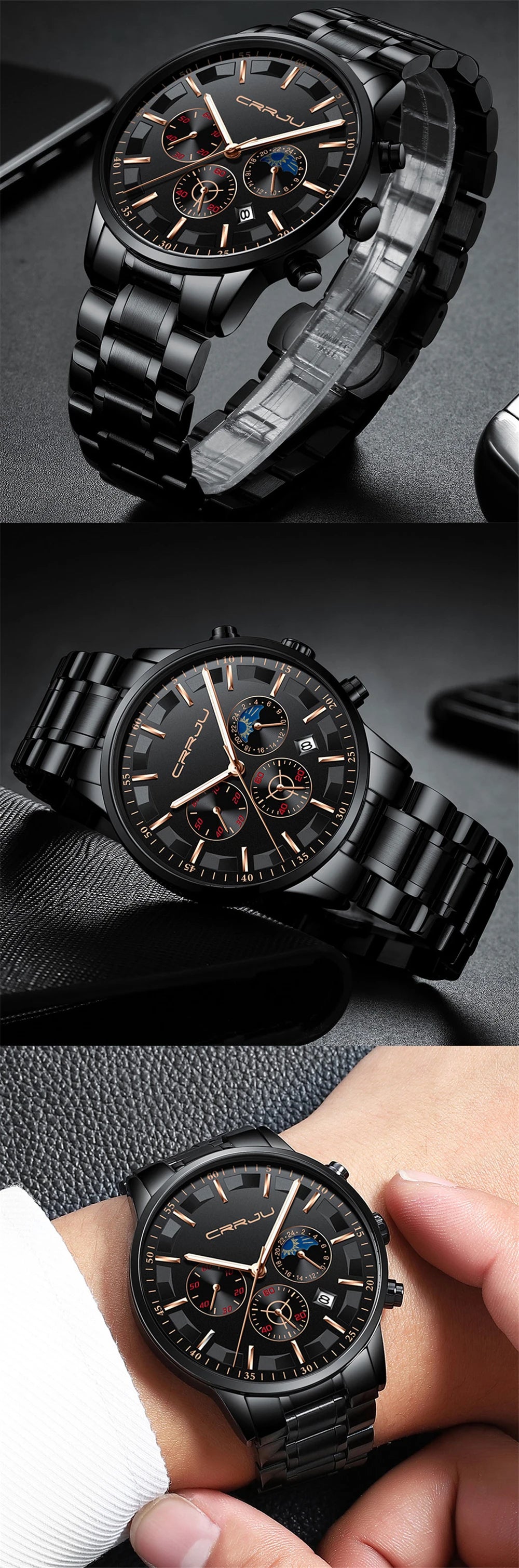 CRRJU Mens Watches Top Brand Luxury Fashion Business Quartz Watch Men Sport Full Steel Waterproof Black Clock Relogio Masculino