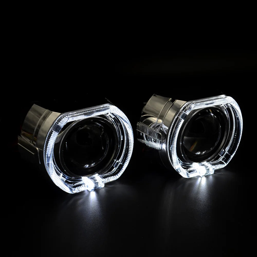 2.5 Inch Mini Bi Xenon Hid Projector Lens DRL LED White Angel Eyes Silver Shrouds Fit H4 H7 Retrofit Car Assembly Kit Demon Eyes