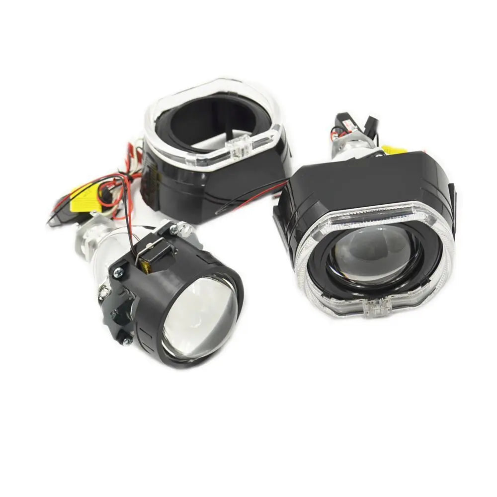 2.5 Inch Mini Bi Xenon Hid Projector Lens DRL LED White Angel Eyes Silver Shrouds Fit H4 H7 Retrofit Car Assembly Kit Demon Eyes