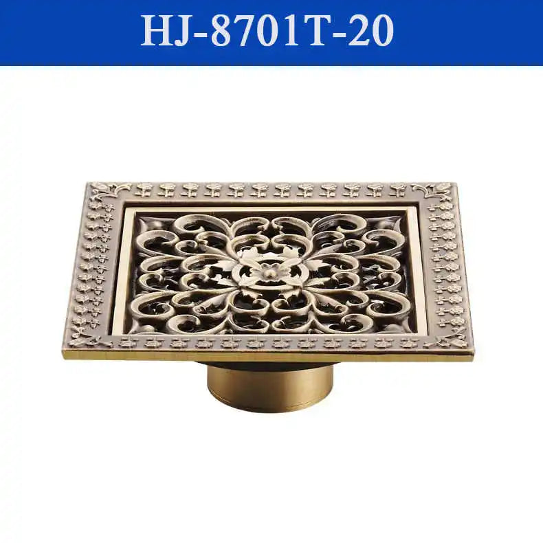 Shower Drains 12*12cm Square Bath Drains Strainer Hair Antique Brass Art Carved Bathroom Floor Drain Waste Grate Drain HJ-8701T