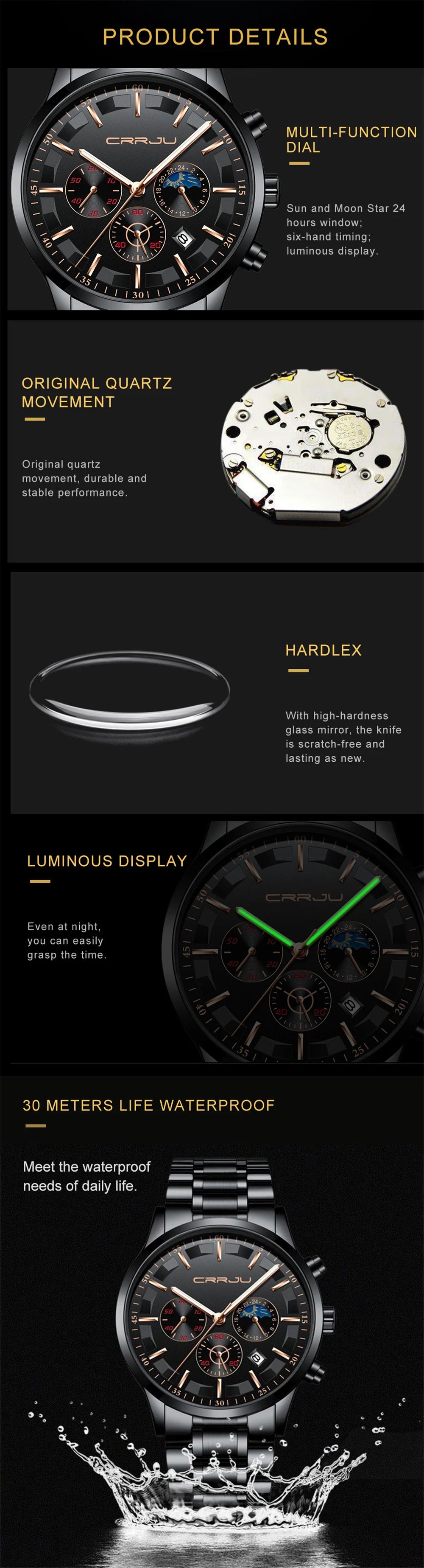 CRRJU Mens Watches Top Brand Luxury Fashion Business Quartz Watch Men Sport Full Steel Waterproof Black Clock Relogio Masculino