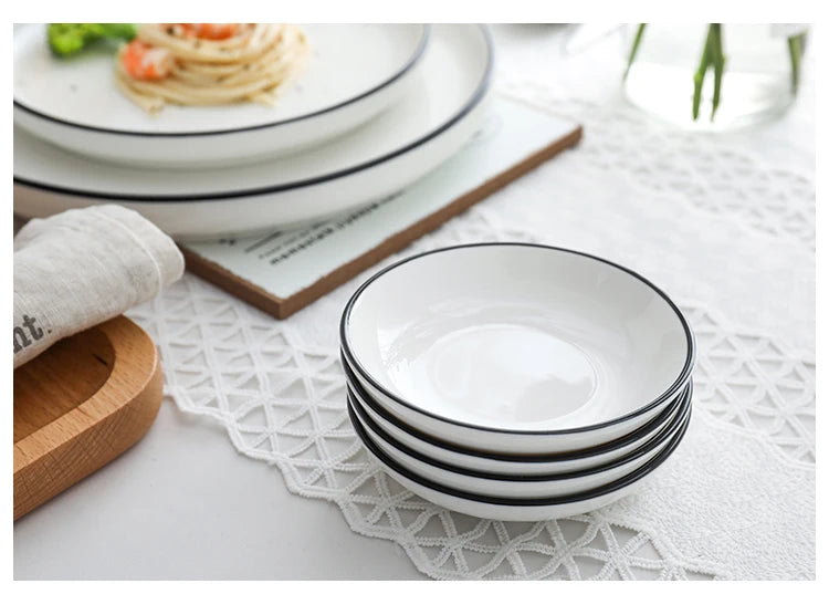 Black Rim White Ceramic Dinner Tray, Kitchen Plate, Tableware, Food Dishes, Soup Bowl,  Kitchen Cook Tool, 1 Piece Sale