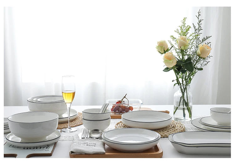 Black Rim White Ceramic Dinner Tray, Kitchen Plate, Tableware, Food Dishes, Soup Bowl,  Kitchen Cook Tool, 1 Piece Sale