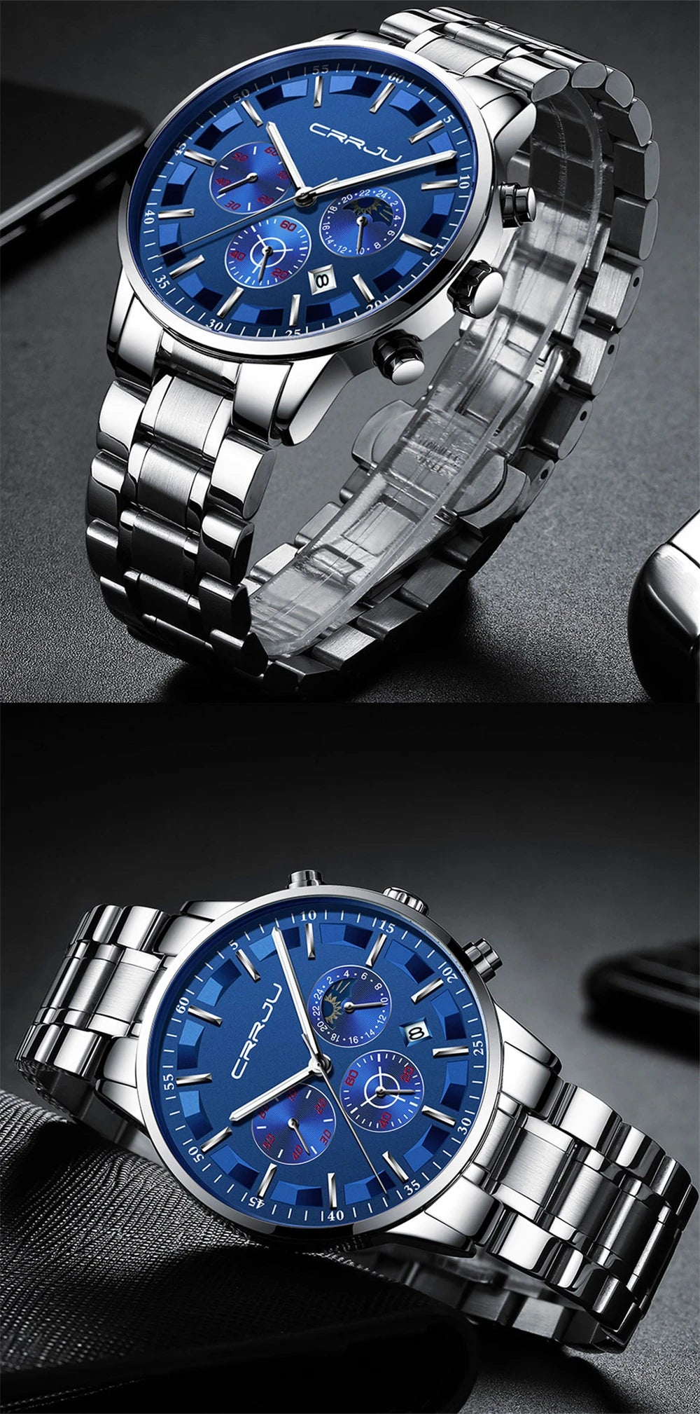 CRRJU Mens Watches Top Brand Luxury Fashion Business Quartz Watch Men Sport Full Steel Waterproof Black Clock Relogio Masculino
