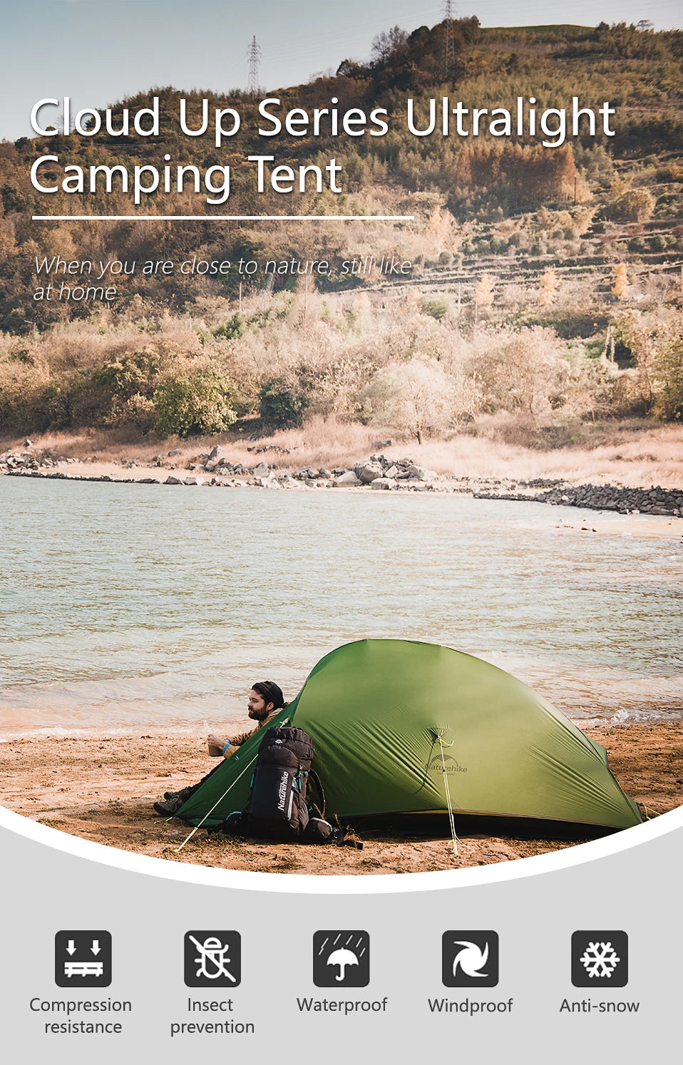 Naturehike Cloud Up 1 Upgraded Tent Ultralight Camping Tent Waterproof Outdoor Hiking Travel Tent Backpacking Cycling Tent