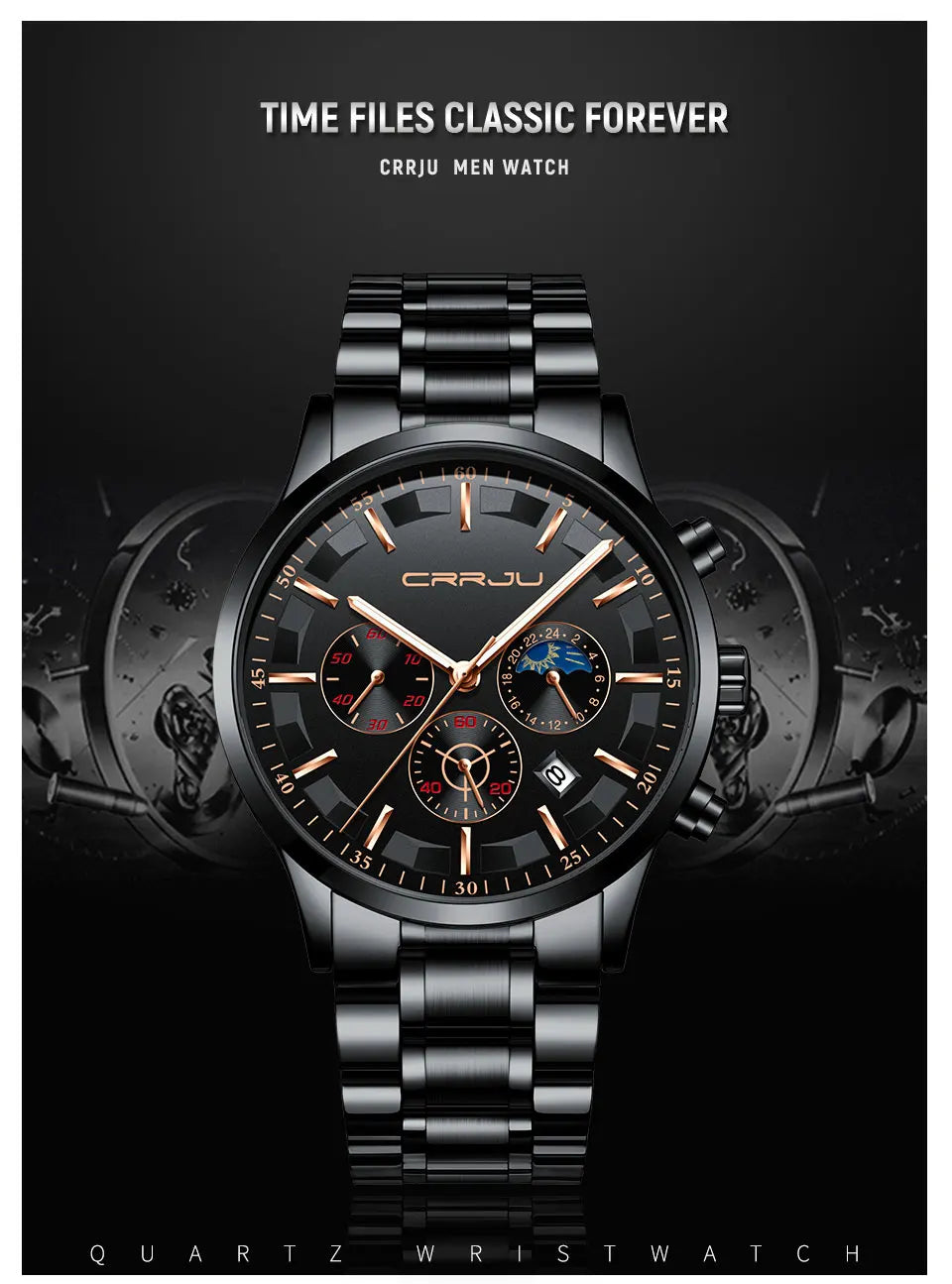 CRRJU Mens Watches Top Brand Luxury Fashion Business Quartz Watch Men Sport Full Steel Waterproof Black Clock Relogio Masculino