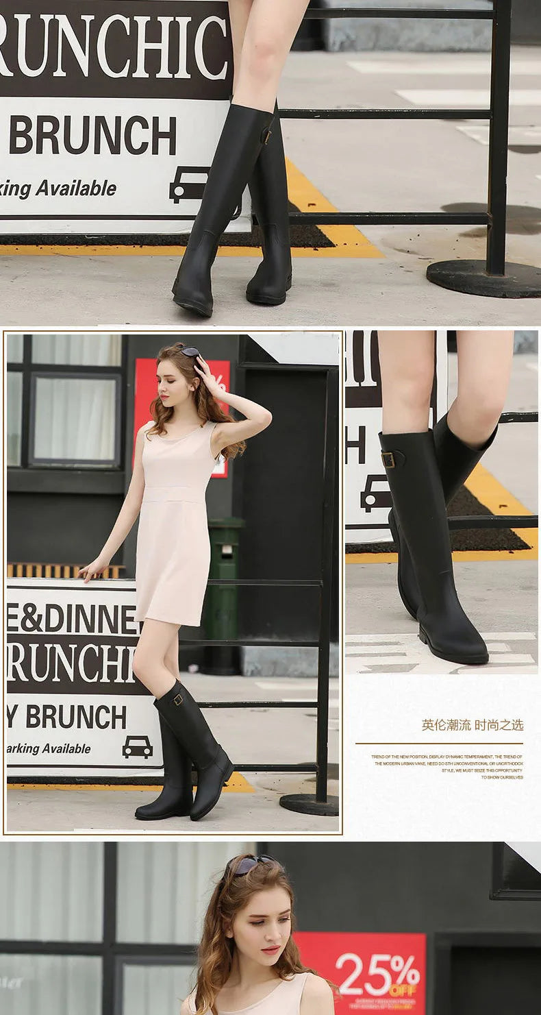 Fashion New Autumn and Winter Lady Rain Boots High Tube Women's Warm Water Shoes Waterproof Rubber Shoes New Frosted Rain Boots