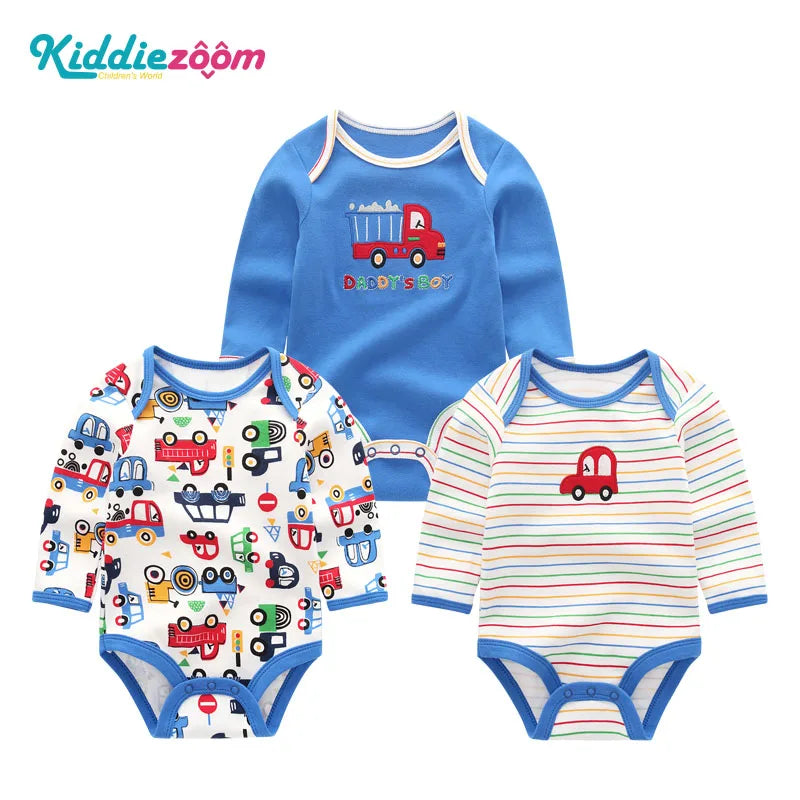 100% Cotton Jumpsuits 3Pieces Newborn Baby Boy Clothes Cartoon Bodysuit Print Long Sleeve Baby Girls Clothes 0-12M Spring Autumn