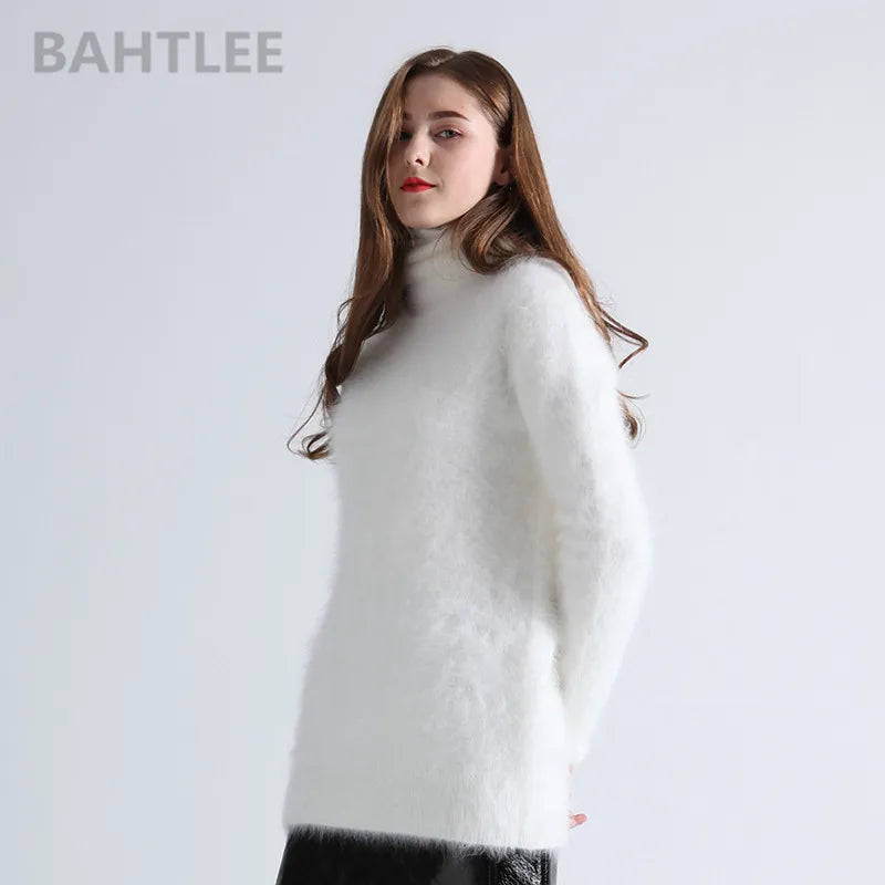 BAHTLEE-Women's Angora Jumper, Turtleneck Pullovers, Knitting Sweater, Long Sleeve, Keep Warm, White, Winter