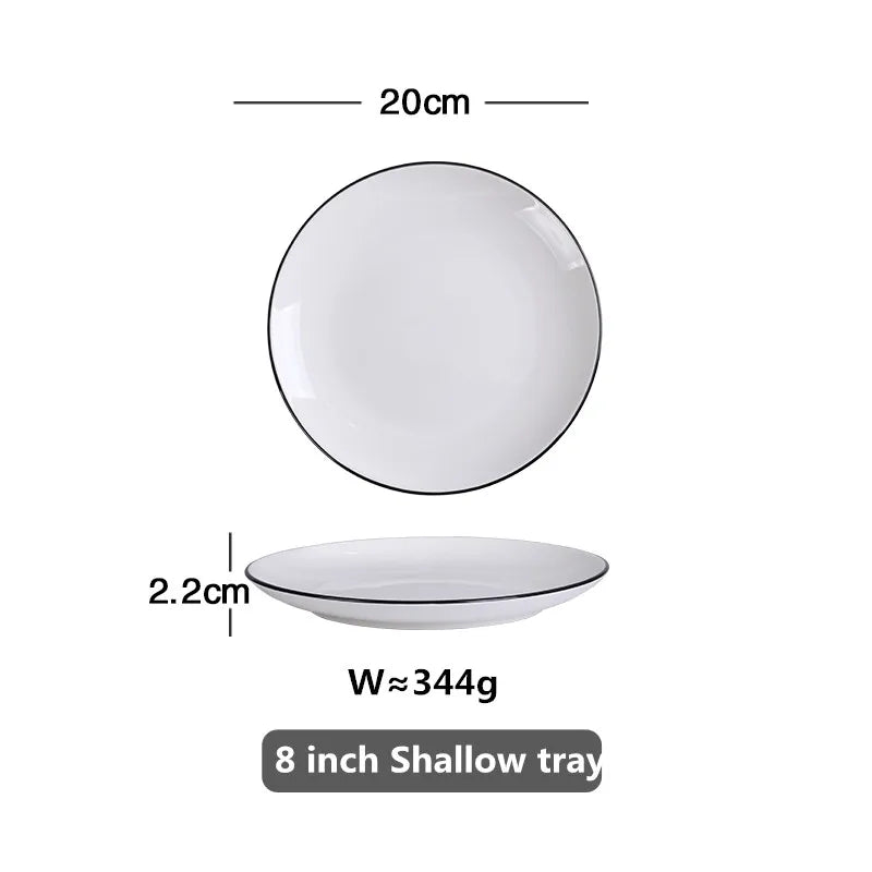 White With Black Edge Dinner Plate Ceramic Kitchen Tray Food Dishes Rice Salad Noodles Bowl Soup Kitchen Cook Tool 1pcs Sale