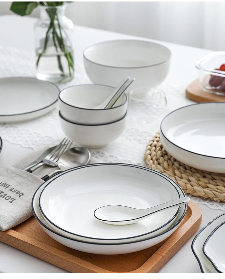 White With Black Edge Dinner Plate Ceramic Kitchen Tray Food Dishes Rice Salad Noodles Bowl Soup Kitchen Cook Tool 1pcs Sale