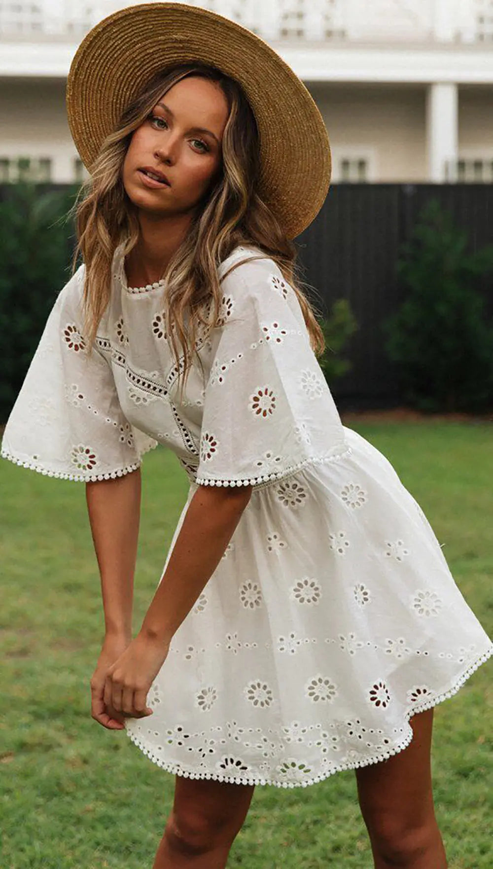 WildPinky Flare Sleeve Cotton White Lace Dress Women Casual Ladies Summer High Waist Short Dress Backless Hollow Out Vestidos