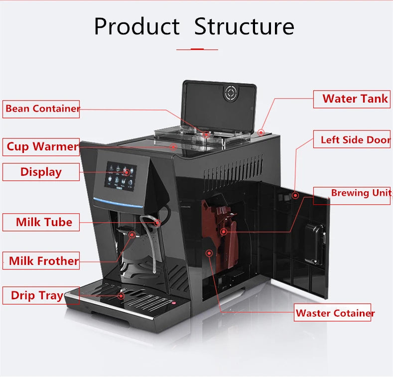 Touch Screen Coffee Bean Powder Brewing Milk Foam Black  Cappuccino Latte Espresso Fully Automatic  Coffee Maker  Machine