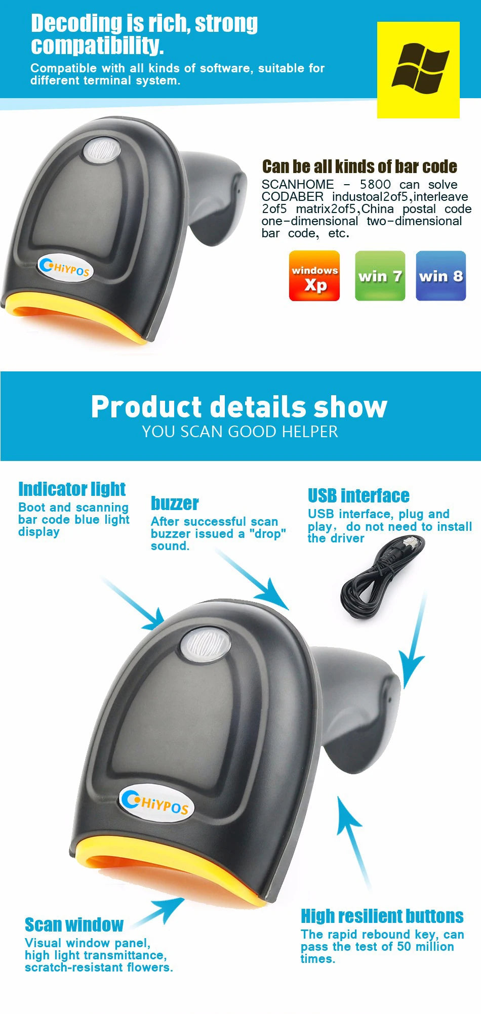 ScanHome Supermarket Handheld 2D Code Scanner Bar Code Reader QR Code Reader USB ZD5800 2D Bar Code scanner