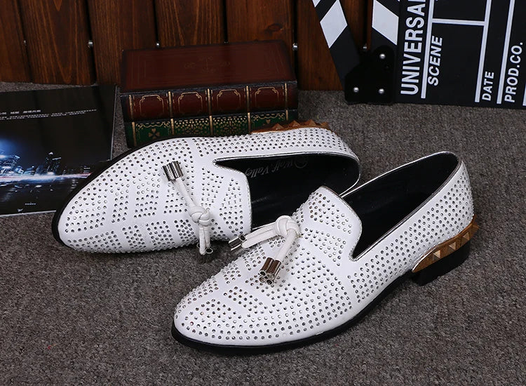 NA033 Big Size 46 Designer Men Suede Dress Shoes White Wedding Shoe Party Crystal Men Loafers Knot Smoking Slipper Male Flats