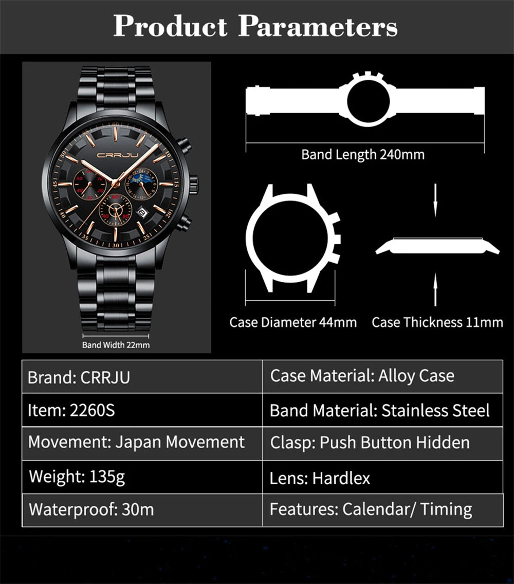 CRRJU Mens Watches Top Brand Luxury Fashion Business Quartz Watch Men Sport Full Steel Waterproof Black Clock Relogio Masculino