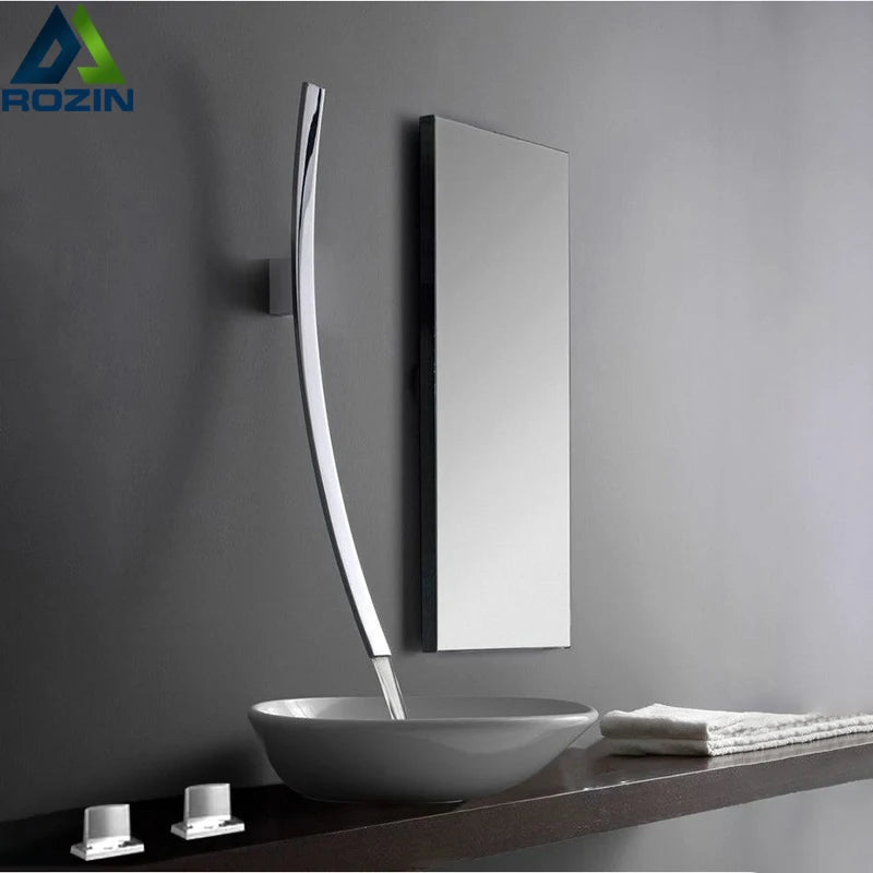Rozin Wall Mounted 70cm Spout Waterfall Basin Faucet Single Handle Chrome Bathroom Mixer Tap Concealed Basin Sink Torneira