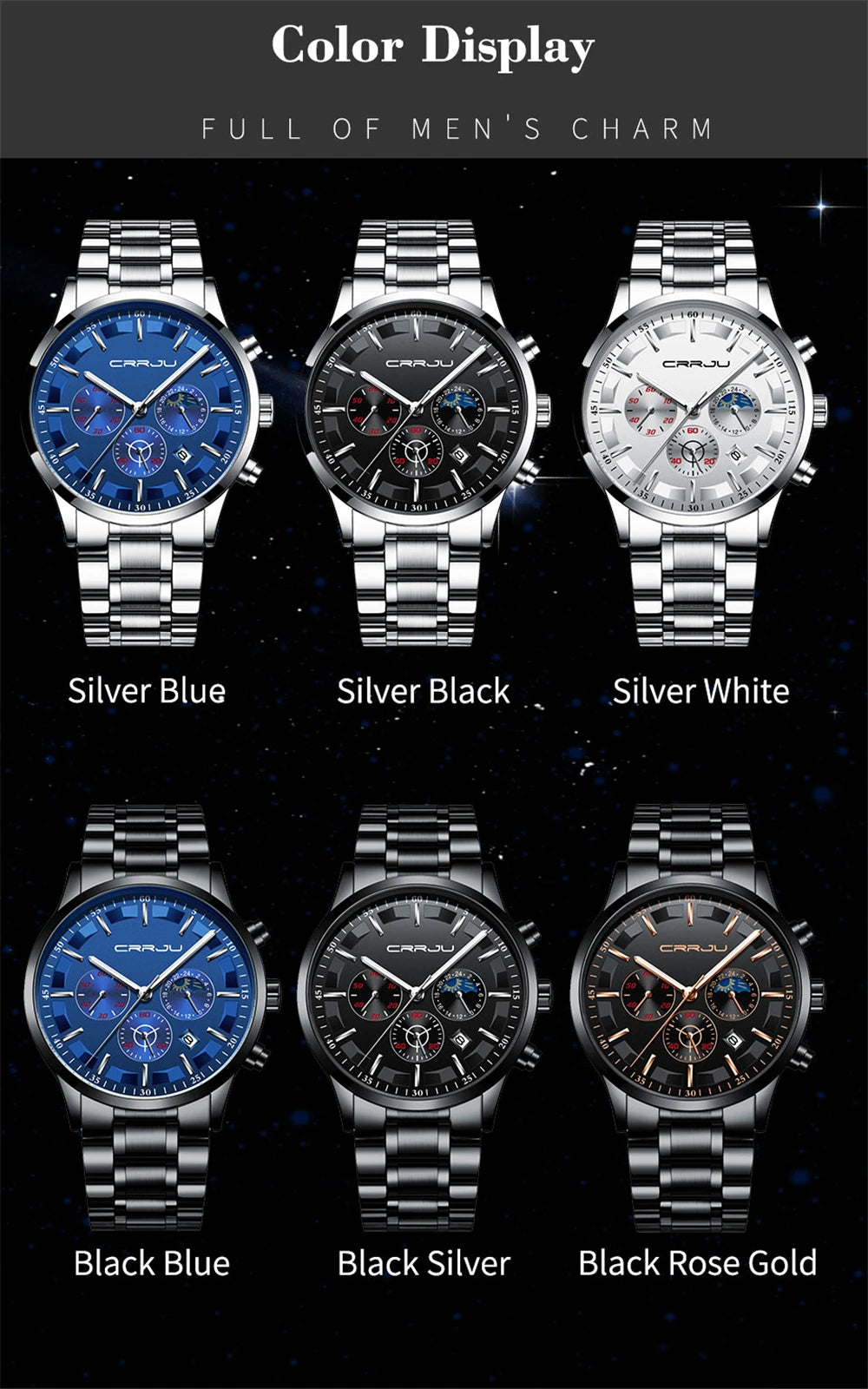 CRRJU Mens Watches Top Brand Luxury Fashion Business Quartz Watch Men Sport Full Steel Waterproof Black Clock Relogio Masculino