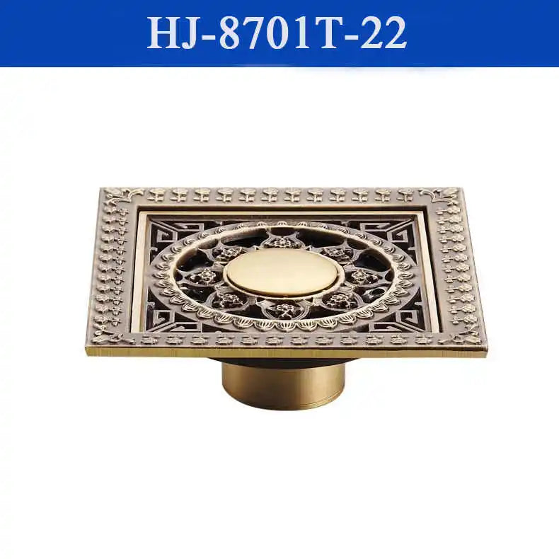 Shower Drains 12*12cm Square Bath Drains Strainer Hair Antique Brass Art Carved Bathroom Floor Drain Waste Grate Drain HJ-8701T