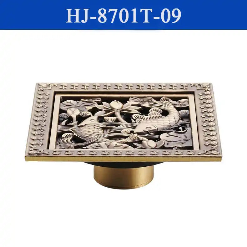 Shower Drains 12*12cm Square Bath Drains Strainer Hair Antique Brass Art Carved Bathroom Floor Drain Waste Grate Drain HJ-8701T