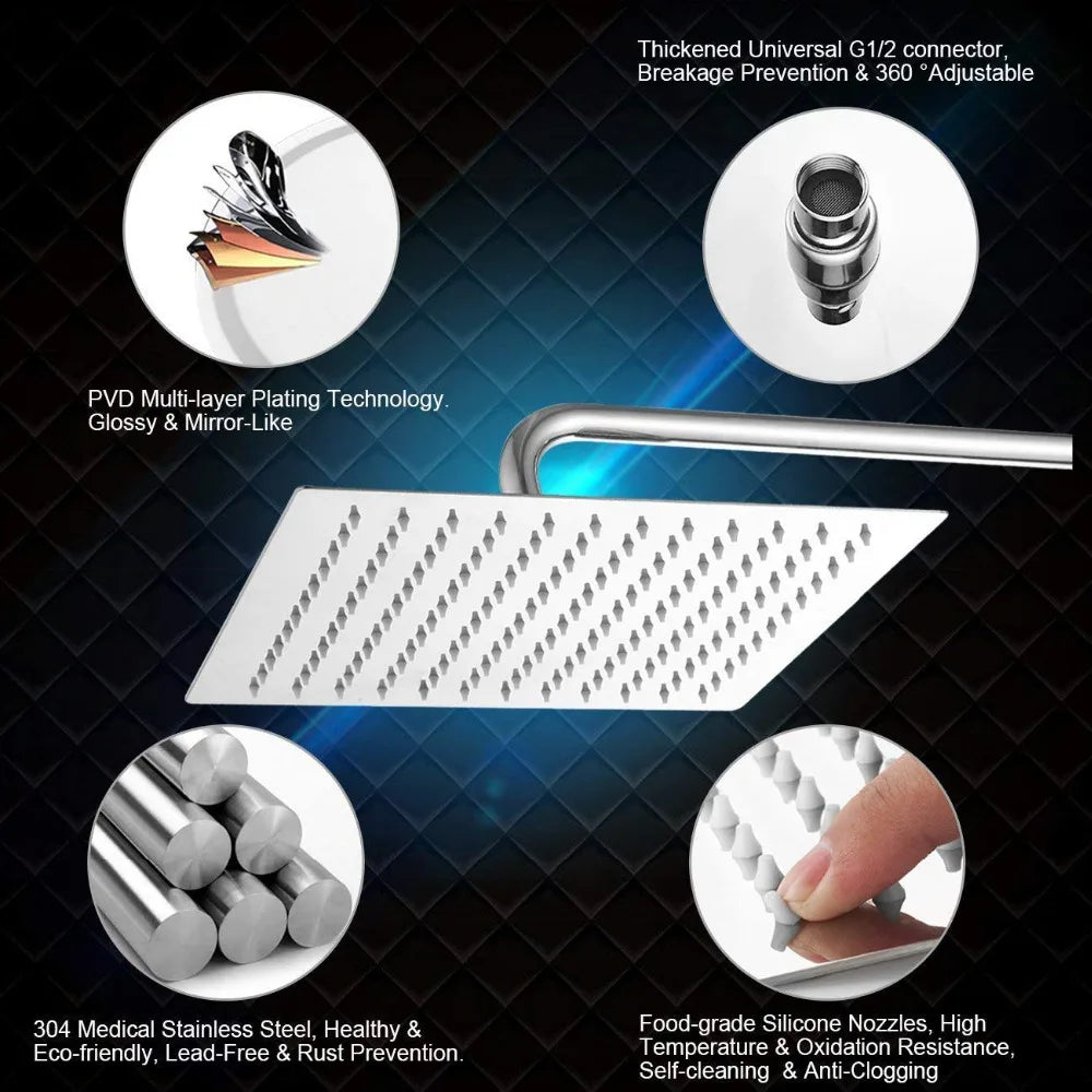 16 Inch Large Square Rain Shower Head Stainless Steel High Pressure Shower Head Polished Finish Ultrathin Bathroom Accessories