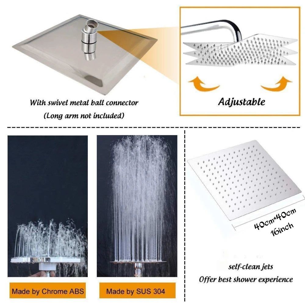16 Inch Large Square Rain Shower Head Stainless Steel High Pressure Shower Head Polished Finish Ultrathin Bathroom Accessories