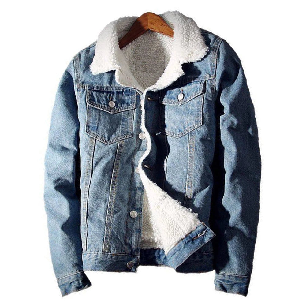 Men's Winter Warm Berber Fleece Denim Jacket Slim Fit Thicken Coat Outerwear Black Blue