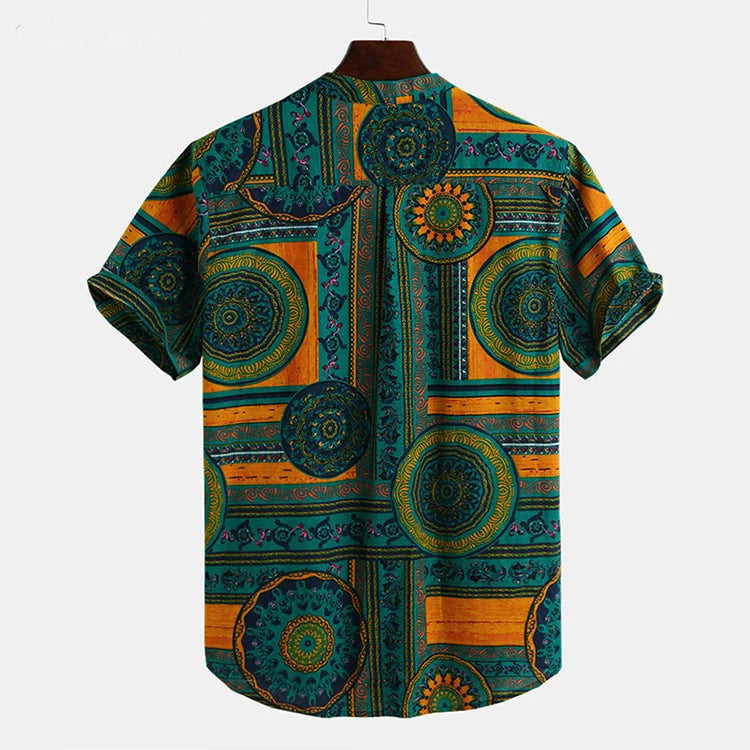 New Cotton Mens Shirt Ethnic Print Vintage Short Sleeve Streetwear Tops Tess Loose Male Beachwear Holiday Hawaiian Shirts