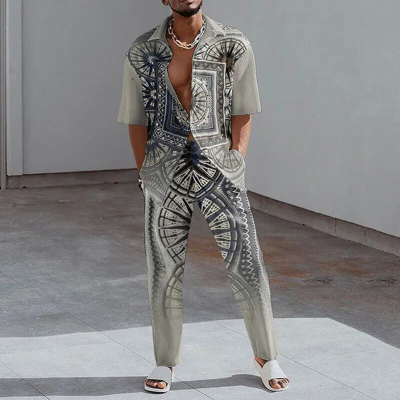 S-5XL Trendy and Fashionable Lapel Short Sleeved Shirt Loose Pants Casual Sports Set