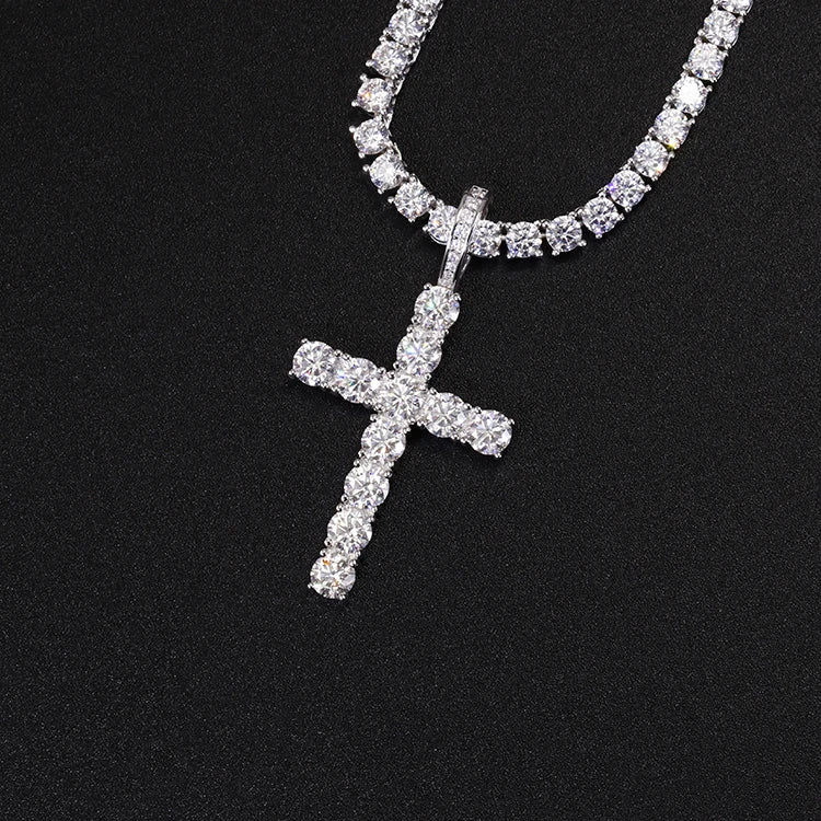 Tennis Chain Through White Gold Plated 925 Sterling Silver Made 2mm to 6.5mm VVS Diamond Moissanite Ankh Cross Pendant Charm