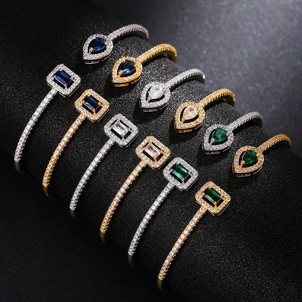 Minimalist Open Cuff Copper Bracelet with Zircon Inlay for Women Elegant Party Fashion Jewelry Gift Four Seasons