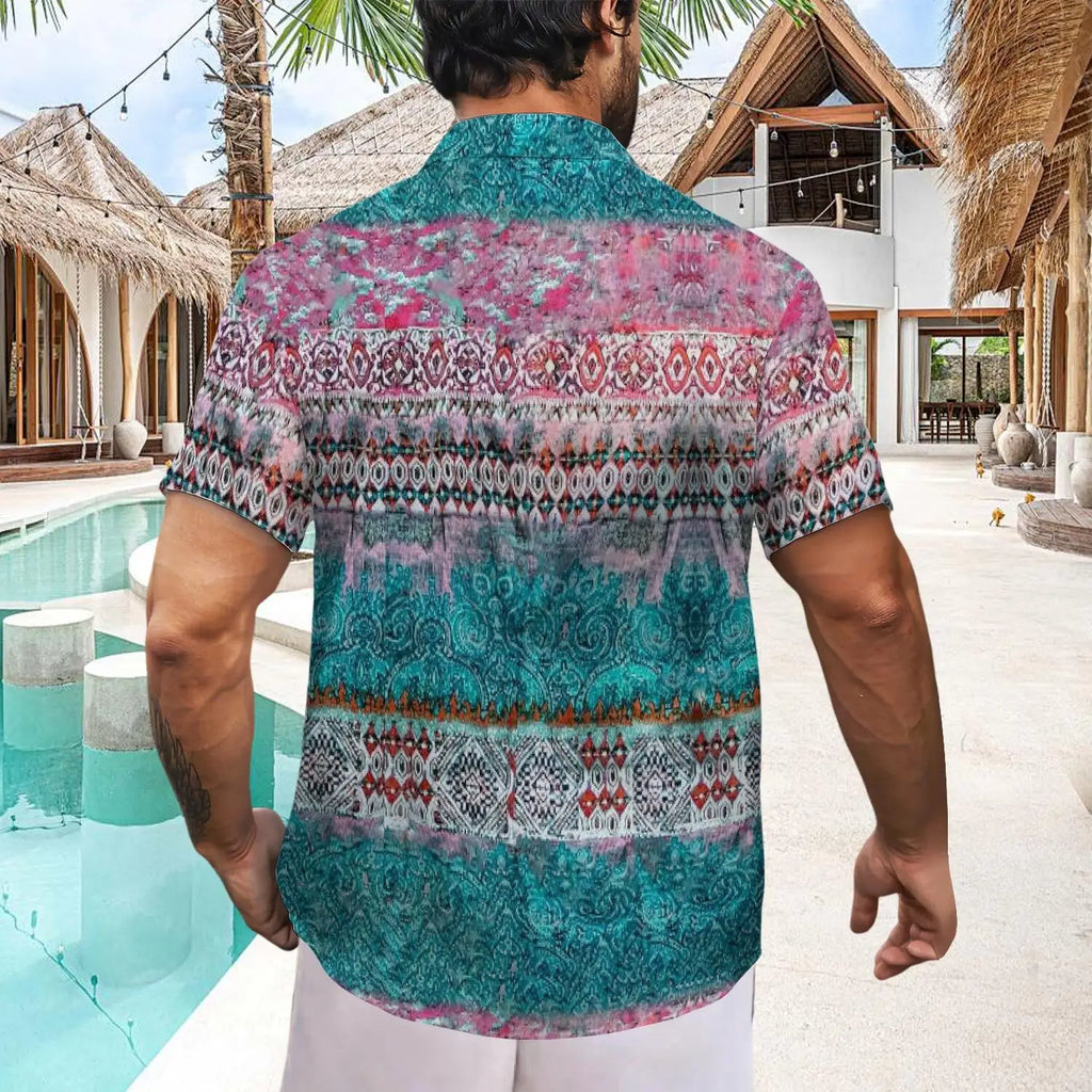Customized Shirt  Soft Bohemian Style Ink-Printed Shirt  Classical Ethnic Summer  Pink Bohemian Pattern Casual Wear