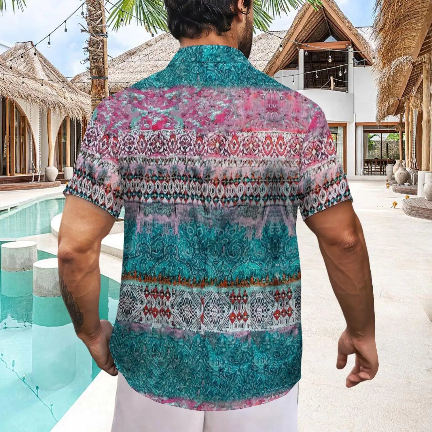 Customized Shirt  Soft Bohemian Style Ink-Printed Shirt  Classical Ethnic Summer  Pink Bohemian Pattern Casual Wear