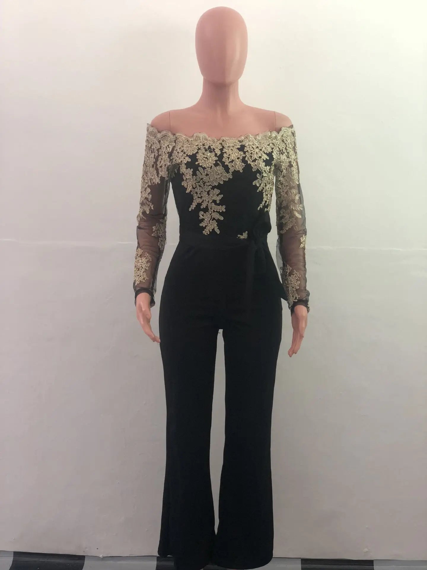 OEM ODM Women Clothing Elegant Overalls Off Shoulder Slash Neck Embroidery Lace Office Casual Jumpsuit