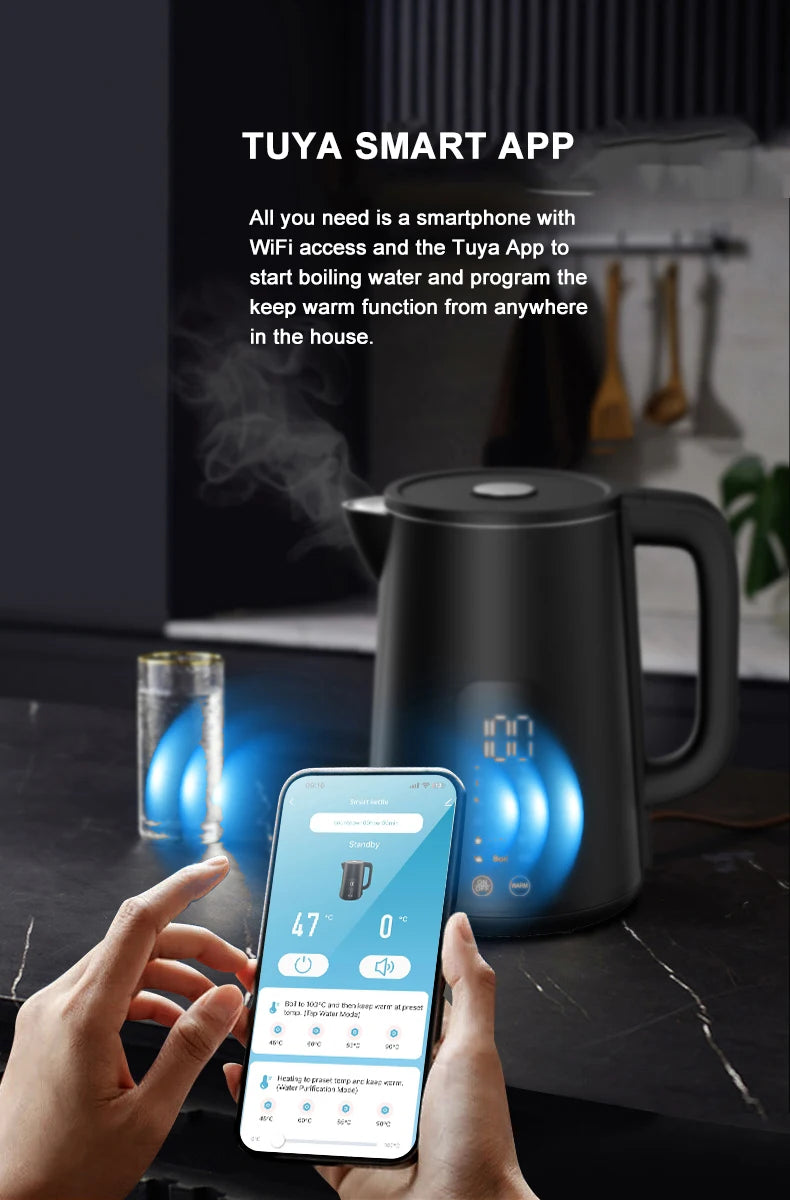 Precise Temperature 1.7L Digital Stainless Steel Shell Smart Electric Tuya Wifi Keep Warm Mobile Control Display Tea Kettle