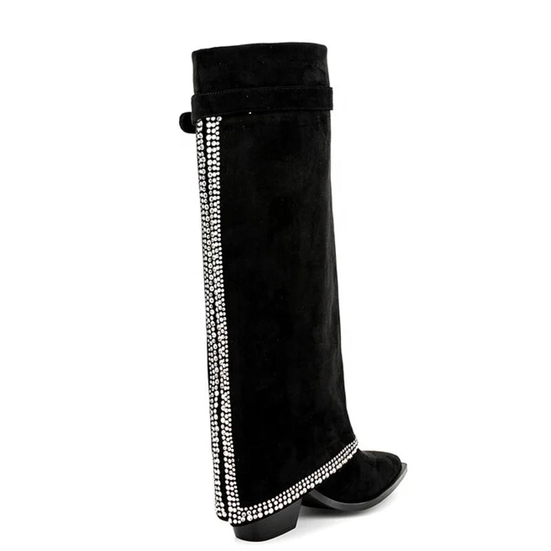 Shark Lock Soft Flock Long Booties Overlay Women's Bling Diamonds Knee High Boots Low Square Heels Shoes Big Size 45 Wide Fit