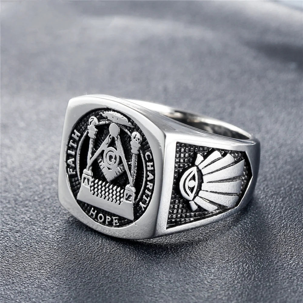 OAHLAN Fashion Jewelry Rings Wedding Bands Gold Plated Vintage Freemason Symbol Masonic Stainless Steel Inlay Men Gift