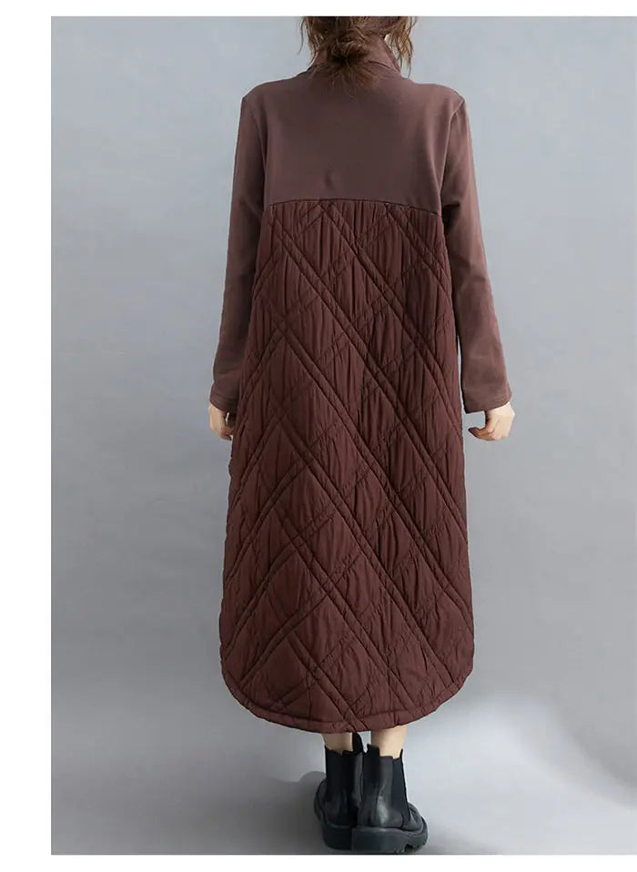 Retro Quilted Diamond Dress Thick Stitching Warm Autumn Winter Clothing New Women's High-Neck Casual Long Tunic y750