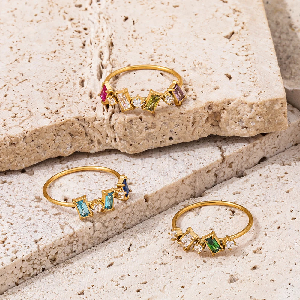Joolim Women's Dainty Colorful Round Rectangle Zirconia Ring 18K Gold Plated Stainless Steel Jewelry Wholesale Non-Tarnish Rings