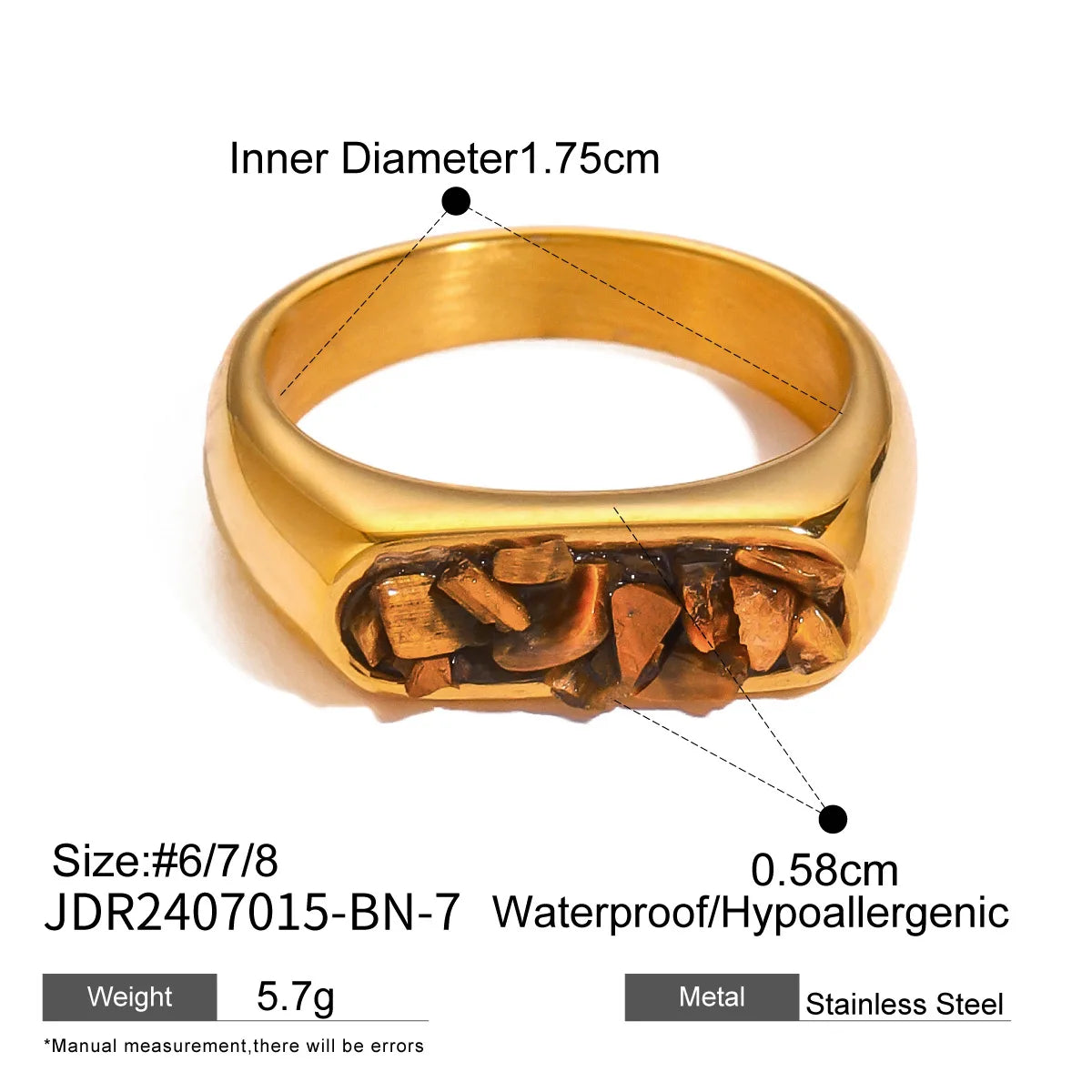 Stainless Steel Shine Inlaid Natural Crystal Geometric Rings Stainless Steel Skin-Friendly 18K Gold-plated Waterproof Jewelry