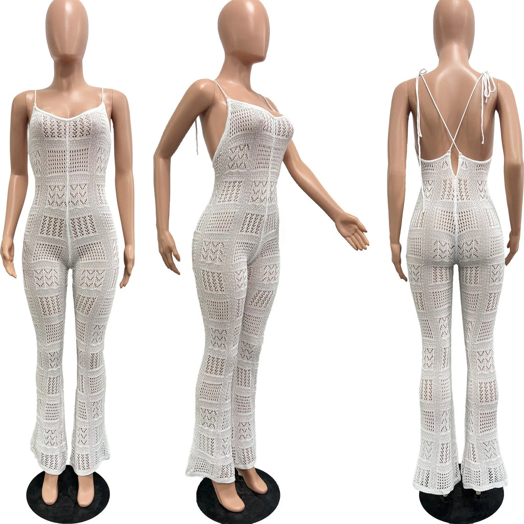 European and American Fashion Women's Solid Color Wool Knitted Sexy Tie Suspender Geometric Hollow-out Romper