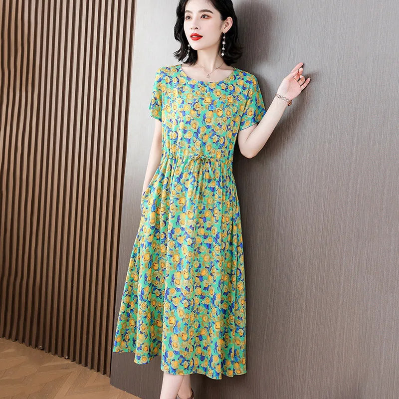 Women Floral Printed Summer Dresses O-neck Short Sleeve Fashion Printing Women's Simple Flower A-line Casual Dress