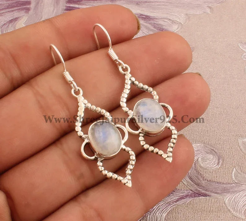 2025 Hot Selling Natural Rainbow Moonstone Oval Shaped 925 Sterling Silver Hoops Earrings At Factory Price