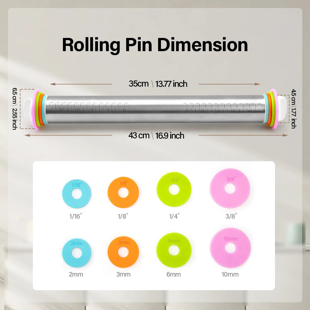 17 Inch Adjustable Thickness Rings 430 Stainless Steel Rolling Pin Baking Dough Pizza Pies Pastries Pasta Cookies Rolling Pins